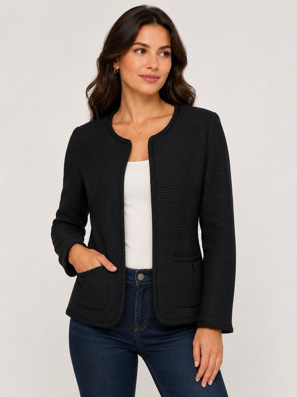 Leon Max Limited Edition Textured Black Jacket Women’s Size 4 Open Front Career